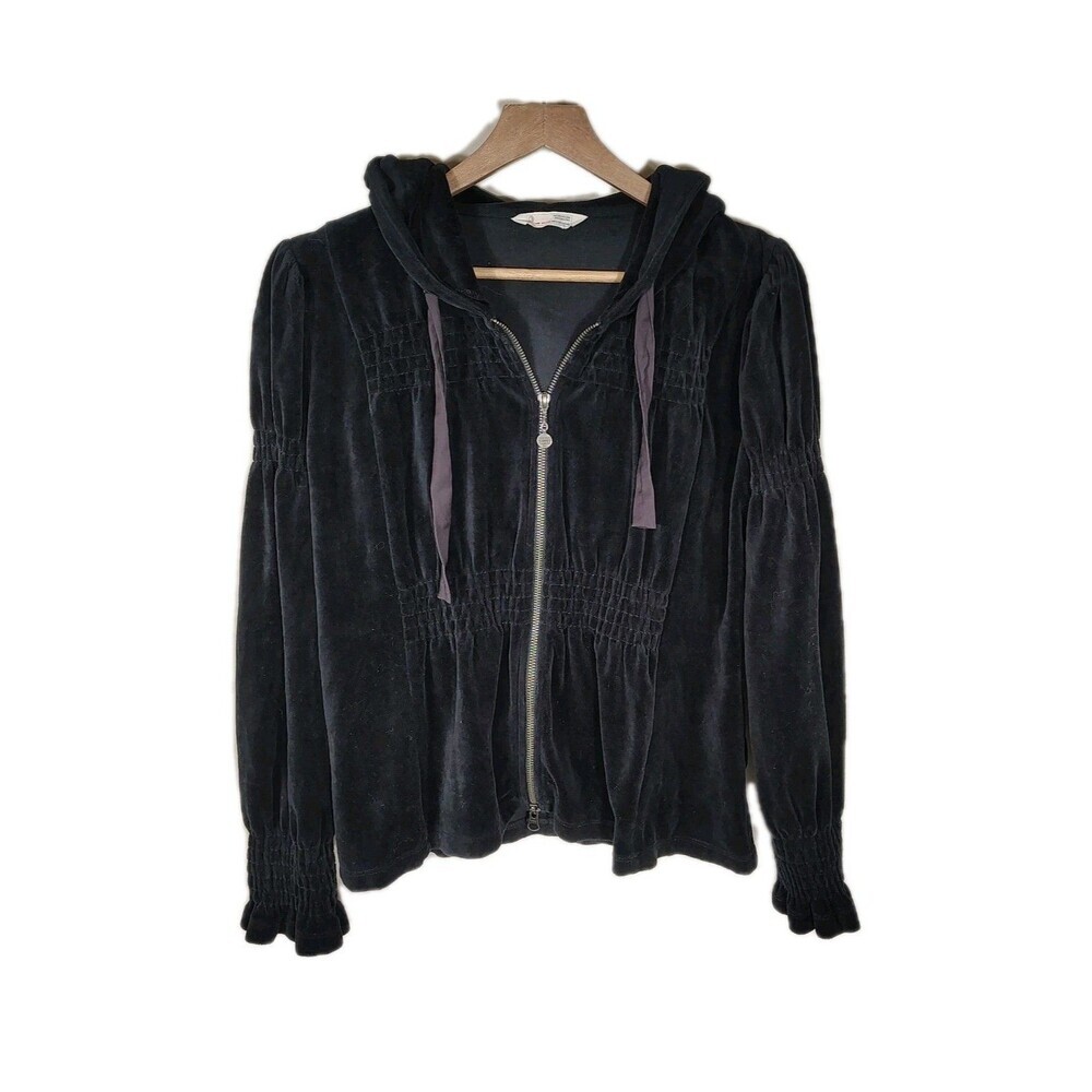 Odd Molly Velour Zip Hoodie Womens Sz 3 Large Black Smocked Waist Hooded Jacket